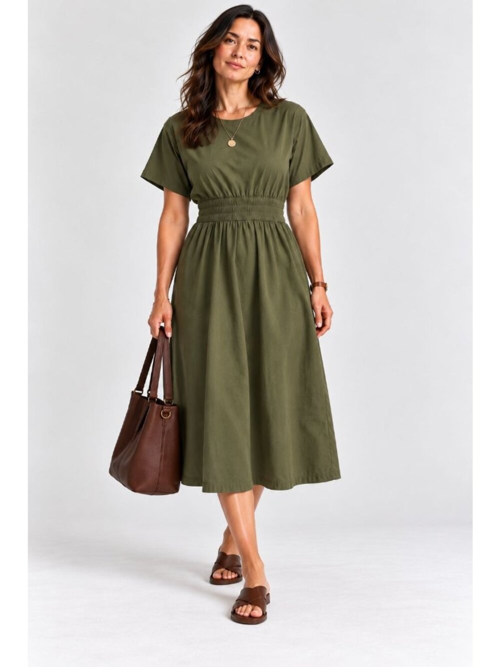 Everlane Organic Cotton Waisted Midi Womens Olive Green Dress Size XL Relaxed